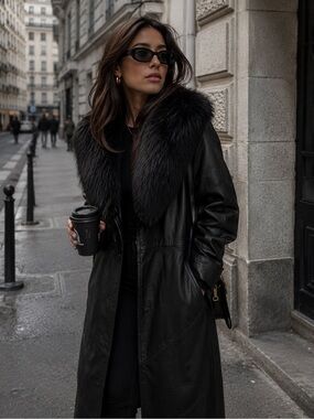 Vintage JC Penny Genuine 100% leather Fox fur collar lined maxi trench coat